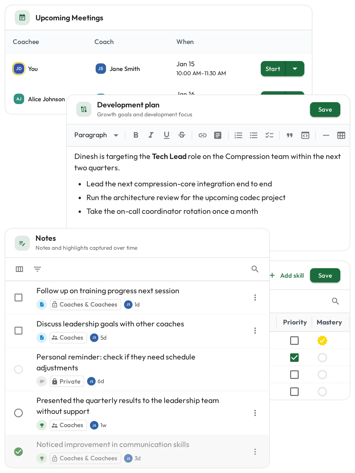 Upcoming meetings, a career development plan, and notes with tasks and wins in one view
